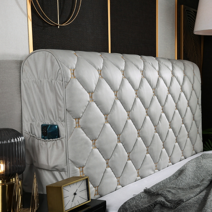 91家纺网 家纺一手货源 找家纺 情恒 2025新款防撞加厚夹棉刺绣绗缝全包床头罩大靠背靠垫-科技布 浅灰