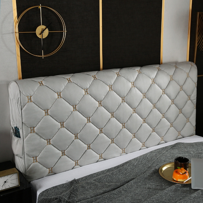 91家纺网 家纺一手货源 找家纺 情恒 2025新款防撞加厚夹棉刺绣绗缝全包床头罩大靠背靠垫-科技布 浅灰