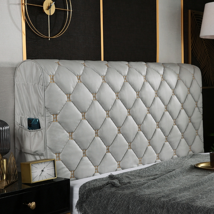 91家纺网 家纺一手货源 找家纺 情恒 2025新款防撞加厚夹棉刺绣绗缝全包床头罩大靠背靠垫-科技布 浅灰