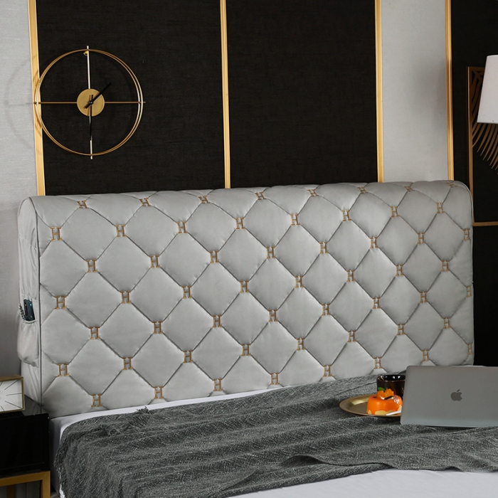 91家纺网 家纺一手货源 找家纺 情恒 2025新款防撞加厚夹棉刺绣绗缝全包床头罩大靠背靠垫-科技布 浅灰