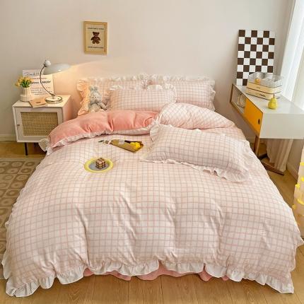 91家纺网 家纺一手货源 找家纺 逸尚阁 2022新款A版磨毛B版牛奶绒四件套 格调-仙女粉（棉绒）