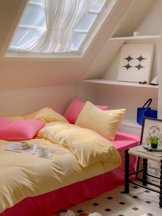 91家纺网 家纺一手货源 找家纺 洋铭区2022新款小清新撞色系列绒四件套 黄贝贝