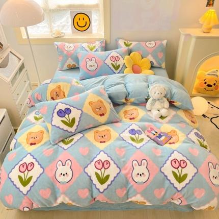 91家纺网 家纺一手货源 找家纺 金爱家 2023新款牛奶绒小清新四件套 朵朵