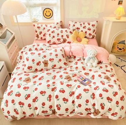 91家纺网 家纺一手货源 找家纺 金爱家 2023新款牛奶绒小清新四件套 花开四季