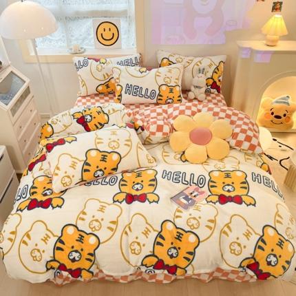 91家纺网 家纺一手货源 找家纺 金爱家 2023新款牛奶绒小清新四件套 可爱老虎