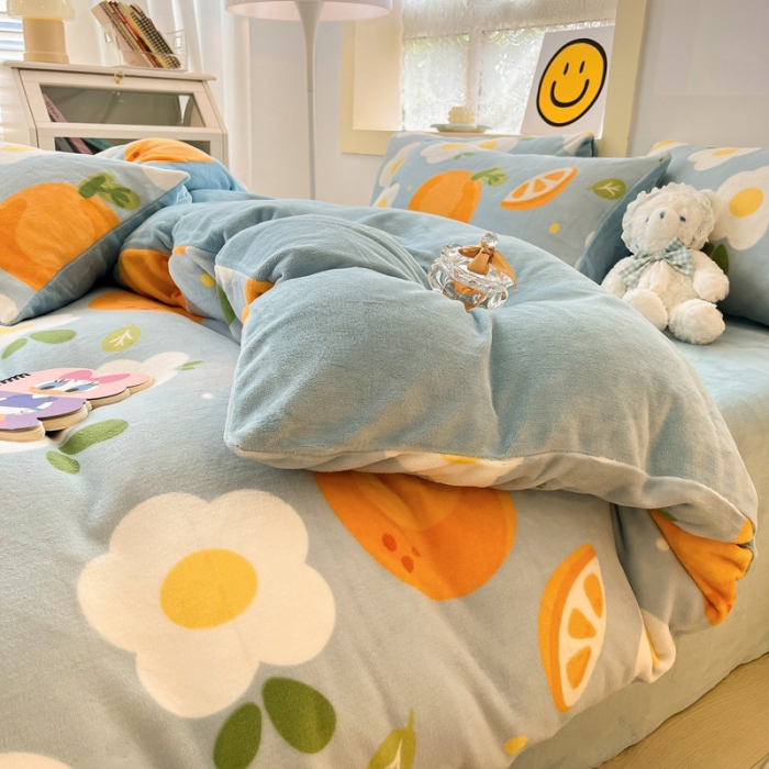 91家纺网 家纺一手货源 找家纺 金爱家 2023新款牛奶绒小清新四件套 大橙橙