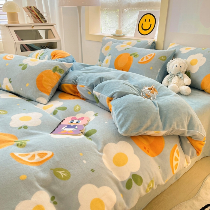 91家纺网 家纺一手货源 找家纺 金爱家 2023新款牛奶绒小清新四件套 大橙橙