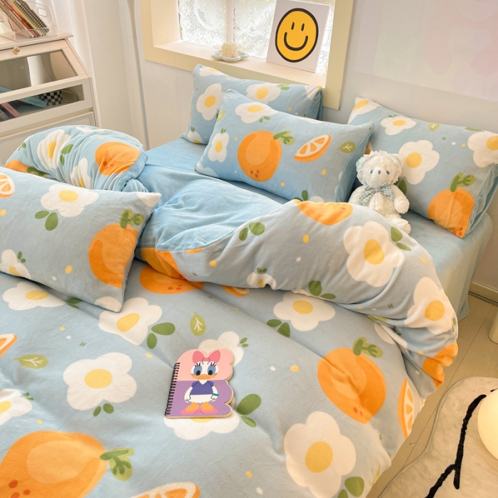 91家纺网 家纺一手货源 找家纺 金爱家 2023新款牛奶绒小清新四件套 大橙橙