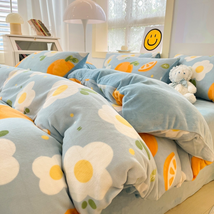 91家纺网 家纺一手货源 找家纺 金爱家 2023新款牛奶绒小清新四件套 大橙橙