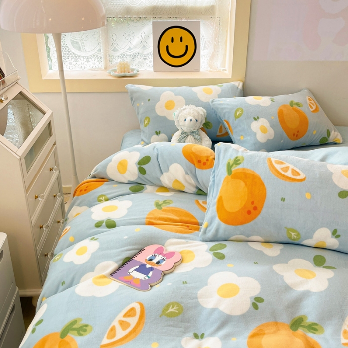 91家纺网 家纺一手货源 找家纺 金爱家 2023新款牛奶绒小清新四件套 大橙橙