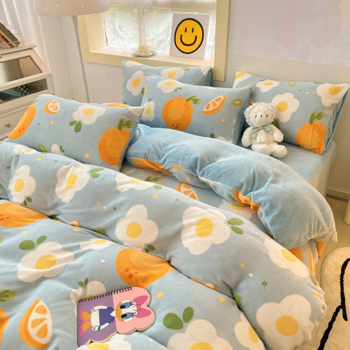 91家纺网 家纺一手货源 找家纺 金爱家 2023新款牛奶绒小清新四件套 大橙橙