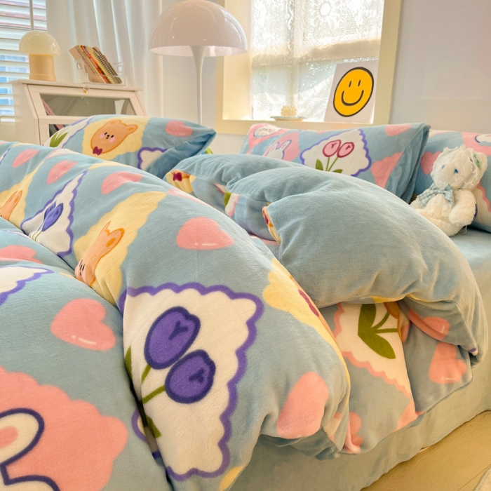 91家纺网 家纺一手货源 找家纺 金爱家 2023新款牛奶绒小清新四件套 朵朵