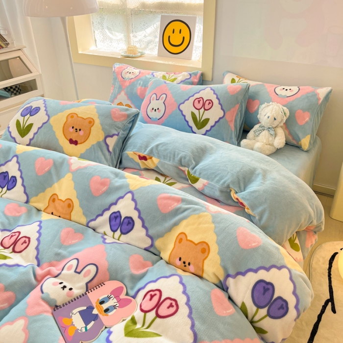 91家纺网 家纺一手货源 找家纺 金爱家 2023新款牛奶绒小清新四件套 朵朵