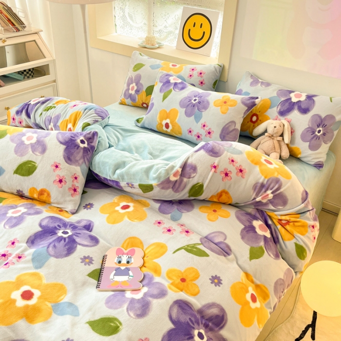 91家纺网 家纺一手货源 找家纺 金爱家 2023新款牛奶绒小清新四件套 花开富贵