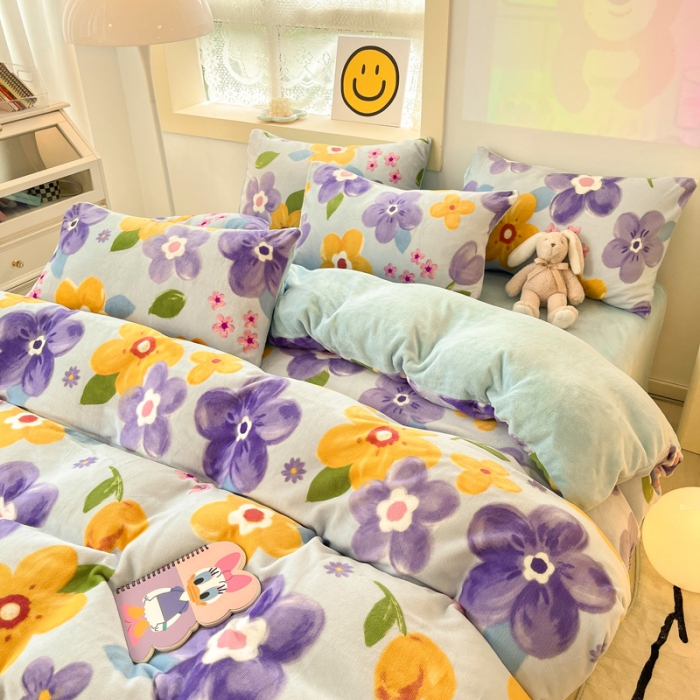 91家纺网 家纺一手货源 找家纺 金爱家 2023新款牛奶绒小清新四件套 花开富贵