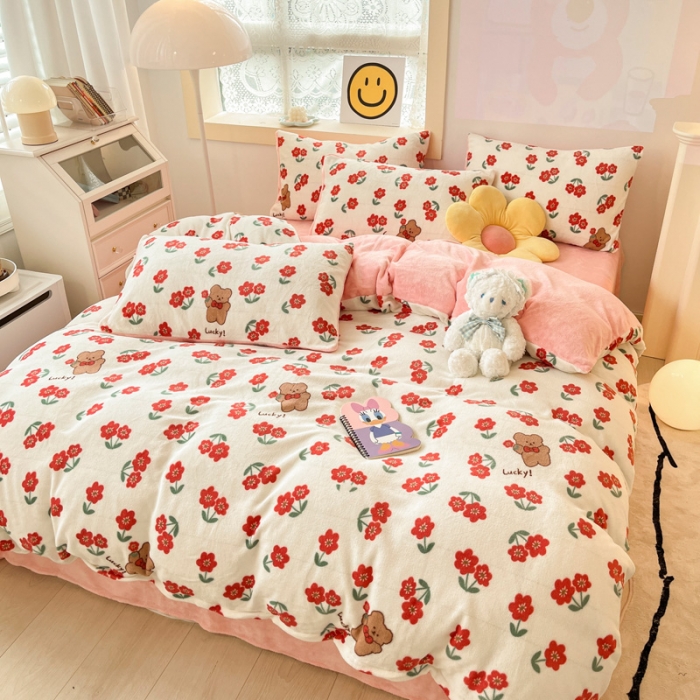 91家纺网 家纺一手货源 找家纺 金爱家 2023新款牛奶绒小清新四件套 花开四季