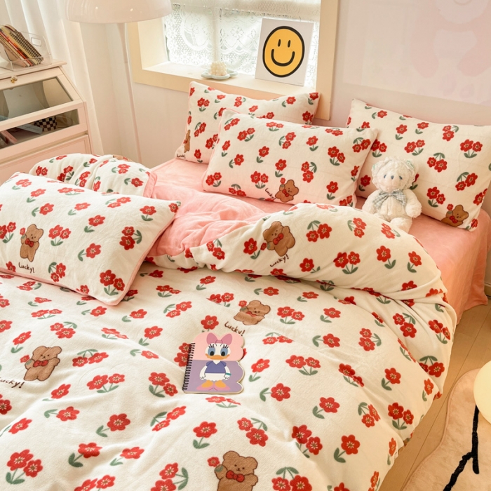 91家纺网 家纺一手货源 找家纺 金爱家 2023新款牛奶绒小清新四件套 花开四季