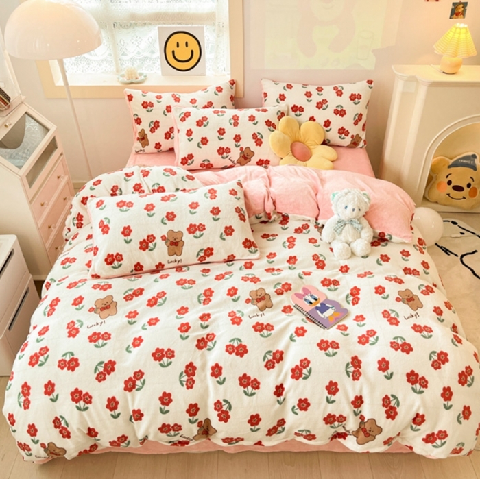 91家纺网 家纺一手货源 找家纺 金爱家 2023新款牛奶绒小清新四件套 花开四季