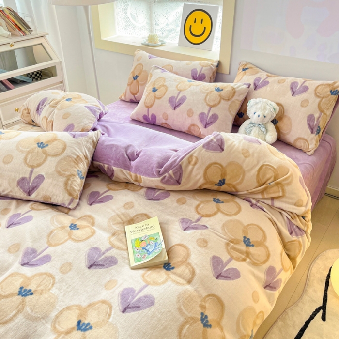 91家纺网 家纺一手货源 找家纺 金爱家 2023新款牛奶绒小清新四件套 花仙子