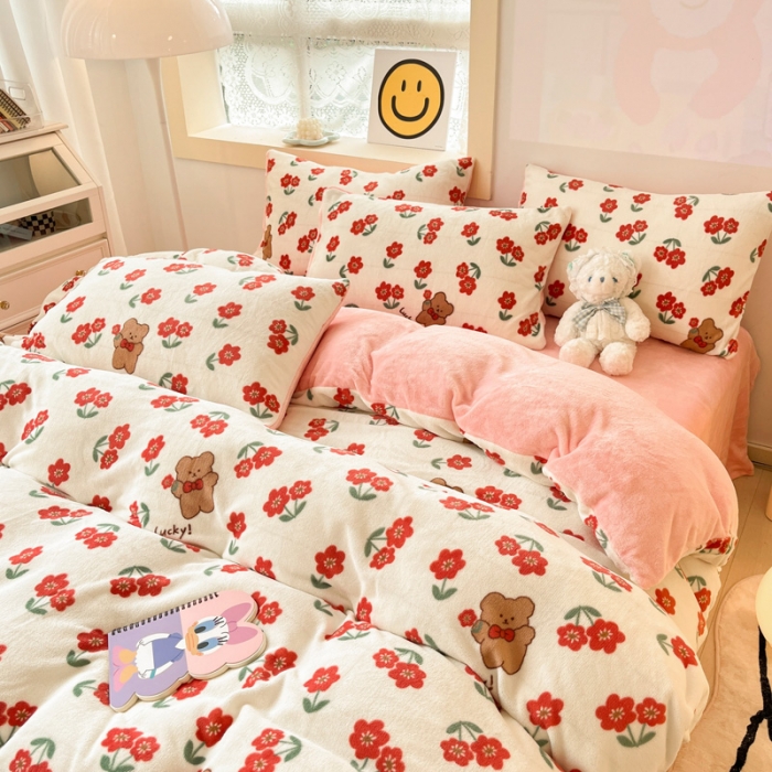 91家纺网 家纺一手货源 找家纺 金爱家 2023新款牛奶绒小清新四件套 花开四季