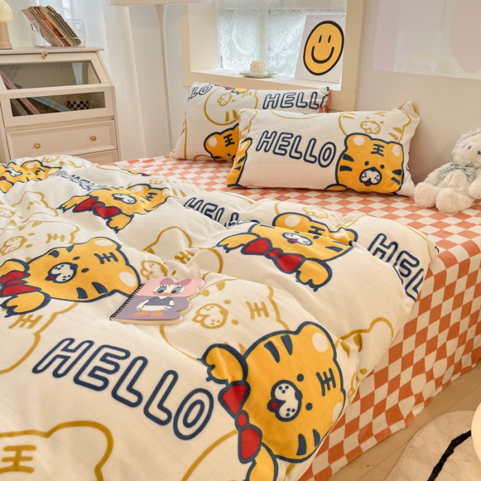 91家纺网 家纺一手货源 找家纺 金爱家 2023新款牛奶绒小清新四件套 可爱老虎