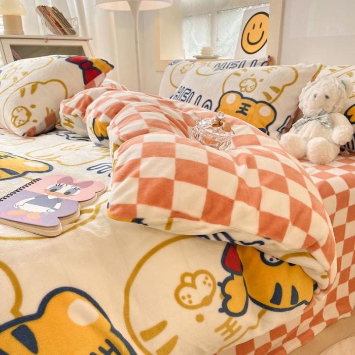 91家纺网 家纺一手货源 找家纺 金爱家 2023新款牛奶绒小清新四件套 可爱老虎