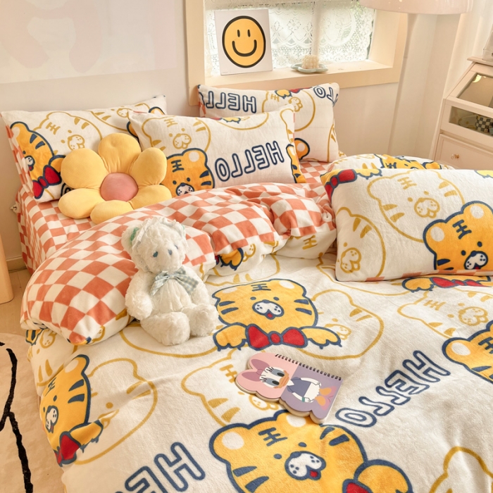 91家纺网 家纺一手货源 找家纺 金爱家 2023新款牛奶绒小清新四件套 可爱老虎