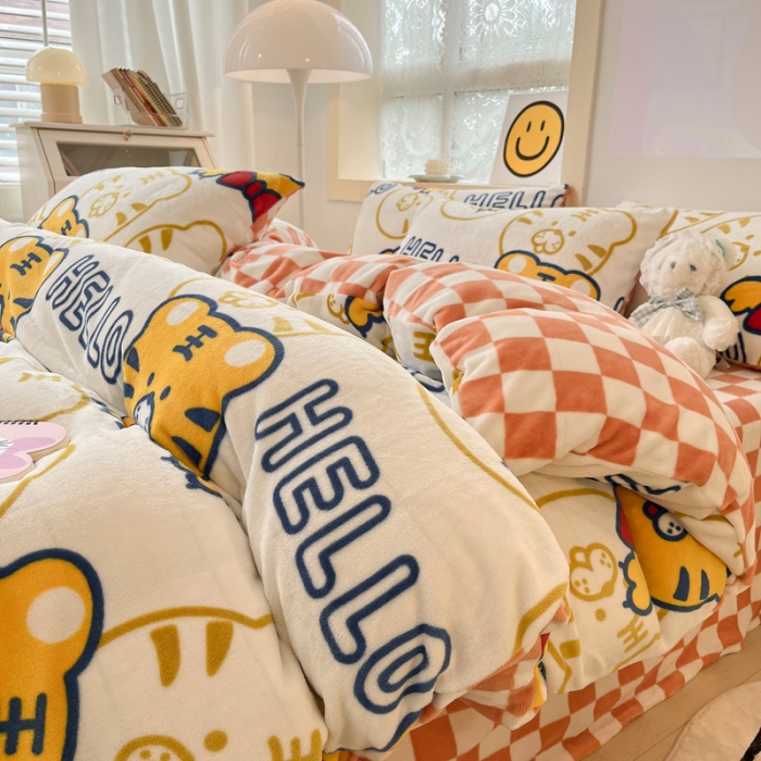 91家纺网 家纺一手货源 找家纺 金爱家 2023新款牛奶绒小清新四件套 可爱老虎