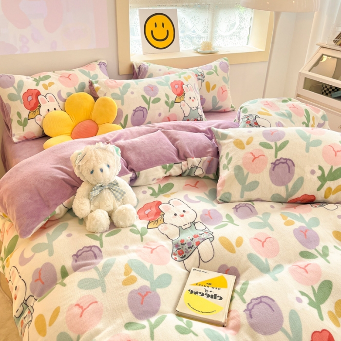 91家纺网 家纺一手货源 找家纺 金爱家 2023新款牛奶绒小清新四件套 快乐兔子