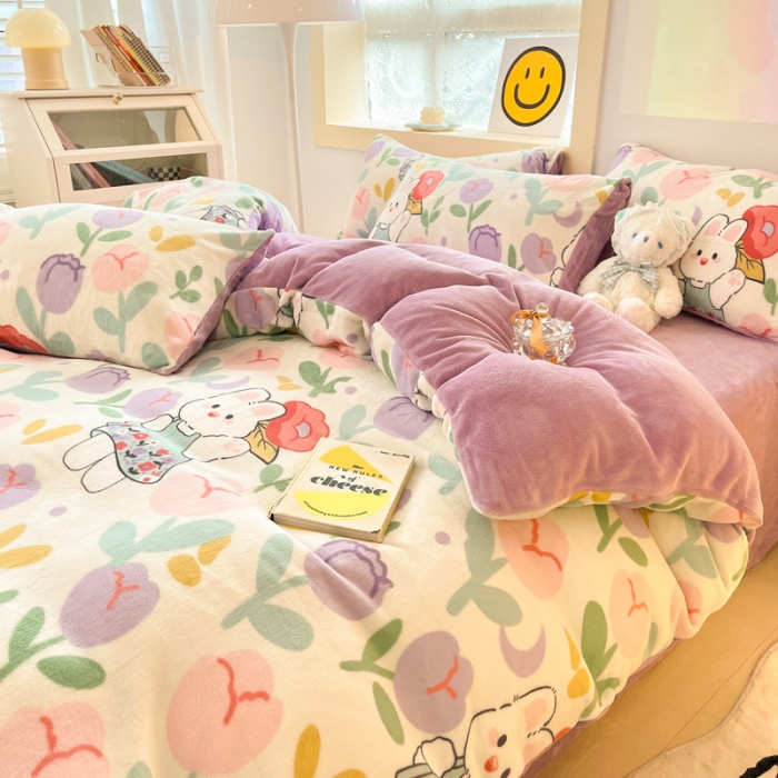 91家纺网 家纺一手货源 找家纺 金爱家 2023新款牛奶绒小清新四件套 快乐兔子