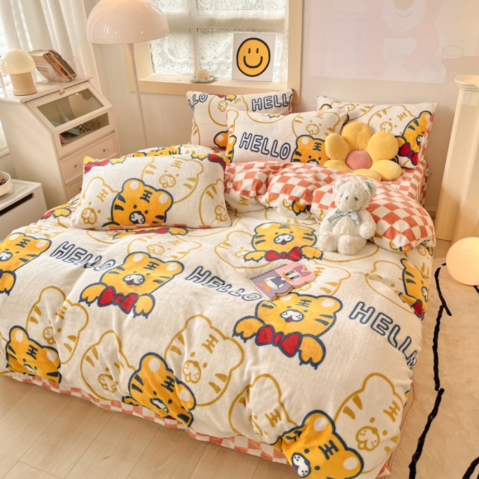 91家纺网 家纺一手货源 找家纺 金爱家 2023新款牛奶绒小清新四件套 可爱老虎