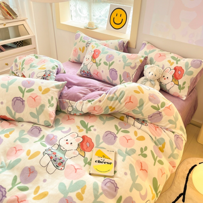 91家纺网 家纺一手货源 找家纺 金爱家 2023新款牛奶绒小清新四件套 快乐兔子