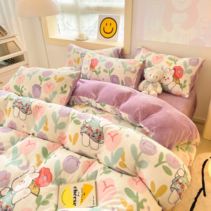 91家纺网 家纺一手货源 找家纺 金爱家 2023新款牛奶绒小清新四件套 快乐兔子