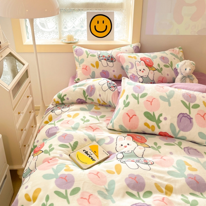 91家纺网 家纺一手货源 找家纺 金爱家 2023新款牛奶绒小清新四件套 快乐兔子