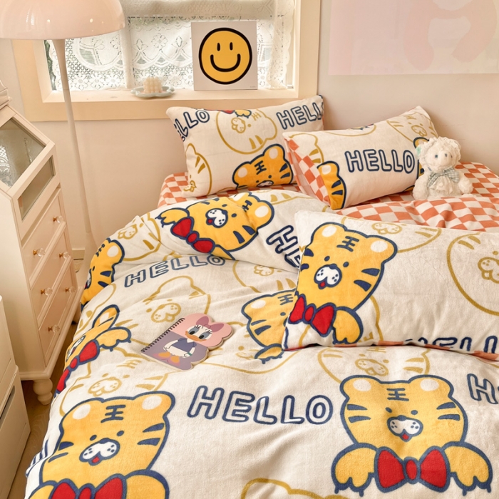 91家纺网 家纺一手货源 找家纺 金爱家 2023新款牛奶绒小清新四件套 可爱老虎