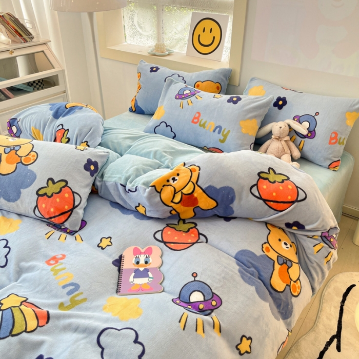 91家纺网 家纺一手货源 找家纺 金爱家 2023新款牛奶绒小清新四件套 七彩小熊