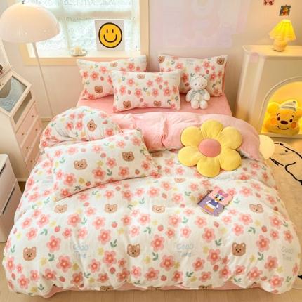 金爱家 2023新款牛奶绒小清新四件套 樱花小熊-粉