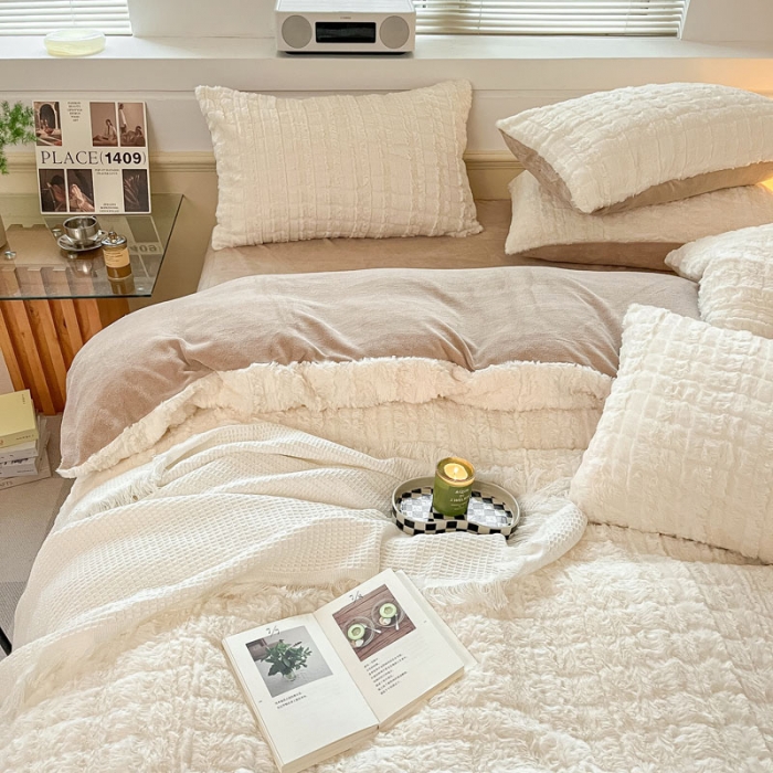 91家纺网 家纺一手货源 找家纺 金爱家 2023新款全消光牛奶绒獭兔毛绒四件套 兔毛绒-奶白咖