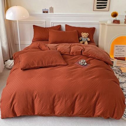 91家纺网 家纺一手货源 找家纺 金丝鸟 2022全棉华夫格提花加牛奶绒四件套 拉夫格红