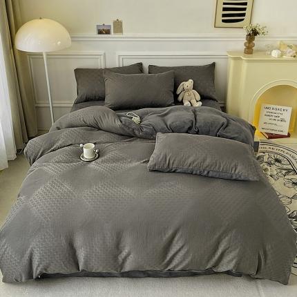 91家纺网 家纺一手货源 找家纺 金丝鸟 2022全棉华夫格提花加牛奶绒四件套 拉夫格灰