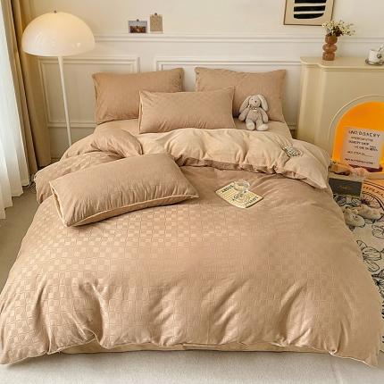 91家纺网 家纺一手货源 找家纺 金丝鸟 2022全棉华夫格提花加牛奶绒四件套 苏珊格驼