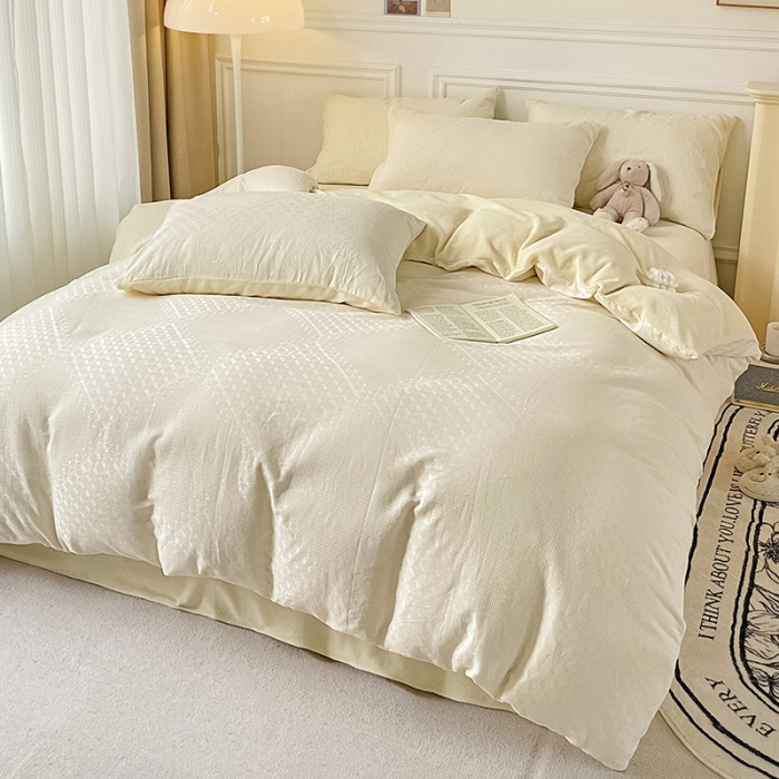 91家纺网 家纺一手货源 找家纺 （总）金丝鸟 2022全棉华夫格提花加牛奶绒四件套