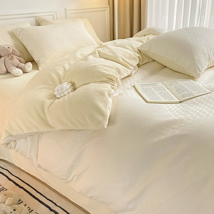 91家纺网 家纺一手货源 找家纺 （总）金丝鸟 2022全棉华夫格提花加牛奶绒四件套