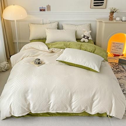 金丝鸟 2022全棉华夫格提花加牛奶绒四件套 拉夫格白加绿