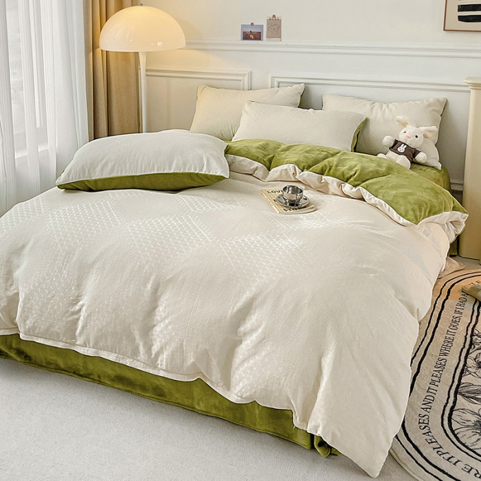 91家纺网 家纺一手货源 找家纺 金丝鸟 2022全棉华夫格提花加牛奶绒四件套 拉夫格白加绿