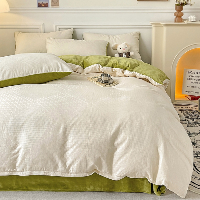 91家纺网 家纺一手货源 找家纺 金丝鸟 2022全棉华夫格提花加牛奶绒四件套 拉夫格白加绿