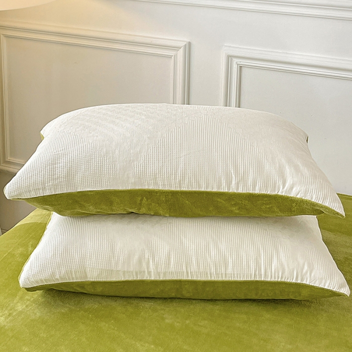 91家纺网 家纺一手货源 找家纺 金丝鸟 2022全棉华夫格提花加牛奶绒四件套 拉夫格白加绿