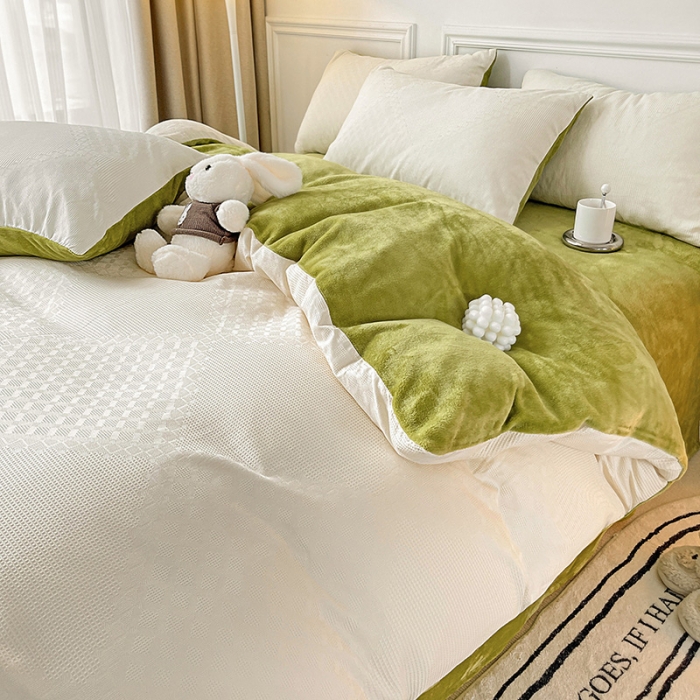 91家纺网 家纺一手货源 找家纺 金丝鸟 2022全棉华夫格提花加牛奶绒四件套 拉夫格白加绿