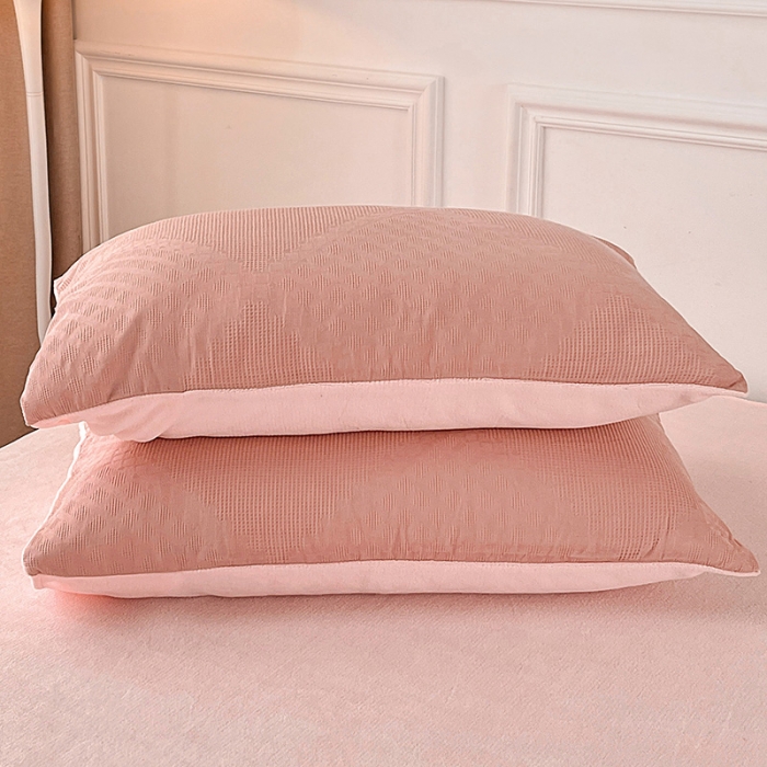 91家纺网 家纺一手货源 找家纺 金丝鸟 2022全棉华夫格提花加牛奶绒四件套 拉夫格粉