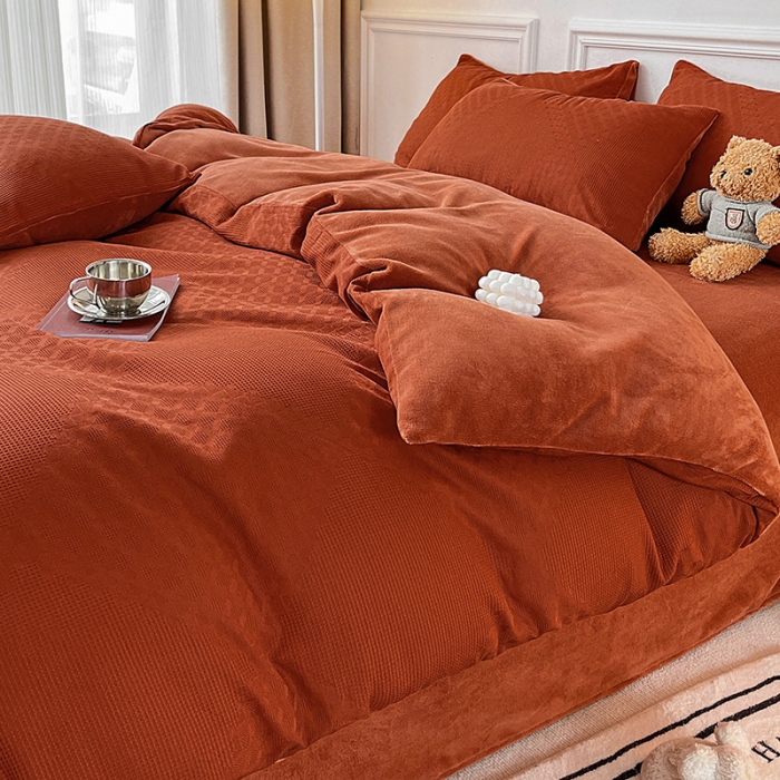 91家纺网 家纺一手货源 找家纺 金丝鸟 2022全棉华夫格提花加牛奶绒四件套 拉夫格红